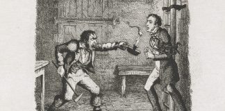 An illustration in which Orlick threatens Pip with a candlestick.