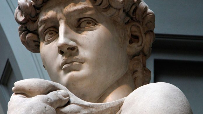 The image shows a statue, the David, framed in a close up. His hands and face are visible and his eyes are staring directly to the camera