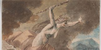 A drawing which shows envy as a naked hag angrily soaring through the sky, by William Hamilton