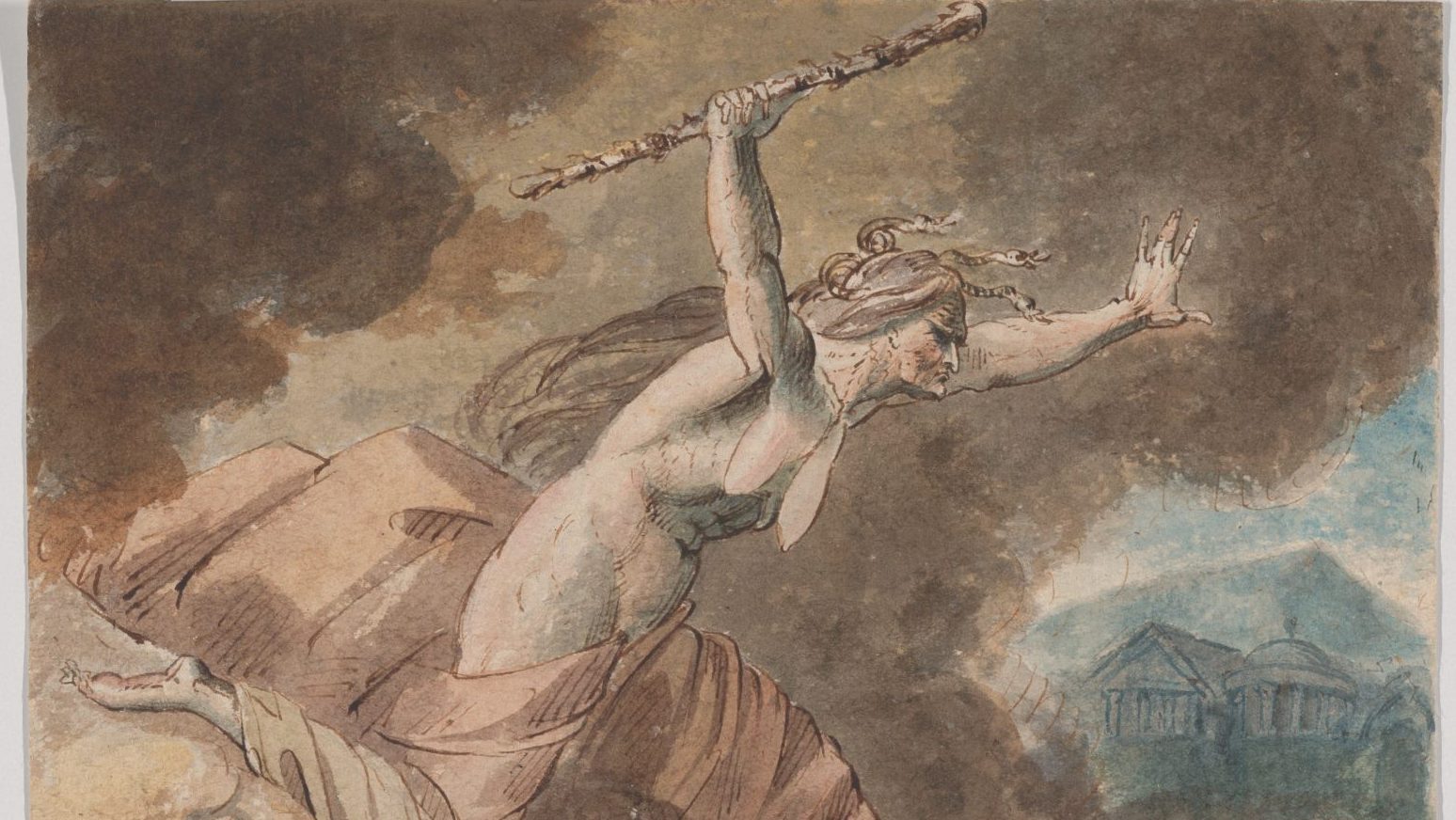 A drawing which shows envy as a naked hag angrily soaring through the sky, by William Hamilton