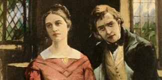a painting of Dorothea and Will from Middlemarch, the woman wearing a pink dress, both sitting down.