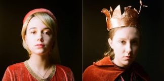 Photo portraits of 'Matilda' and 'Henry IV' looking out to the camera. Henry IV wears a crumpled crown.