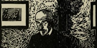 An illustrated portrait of Huysmans sat in a room.