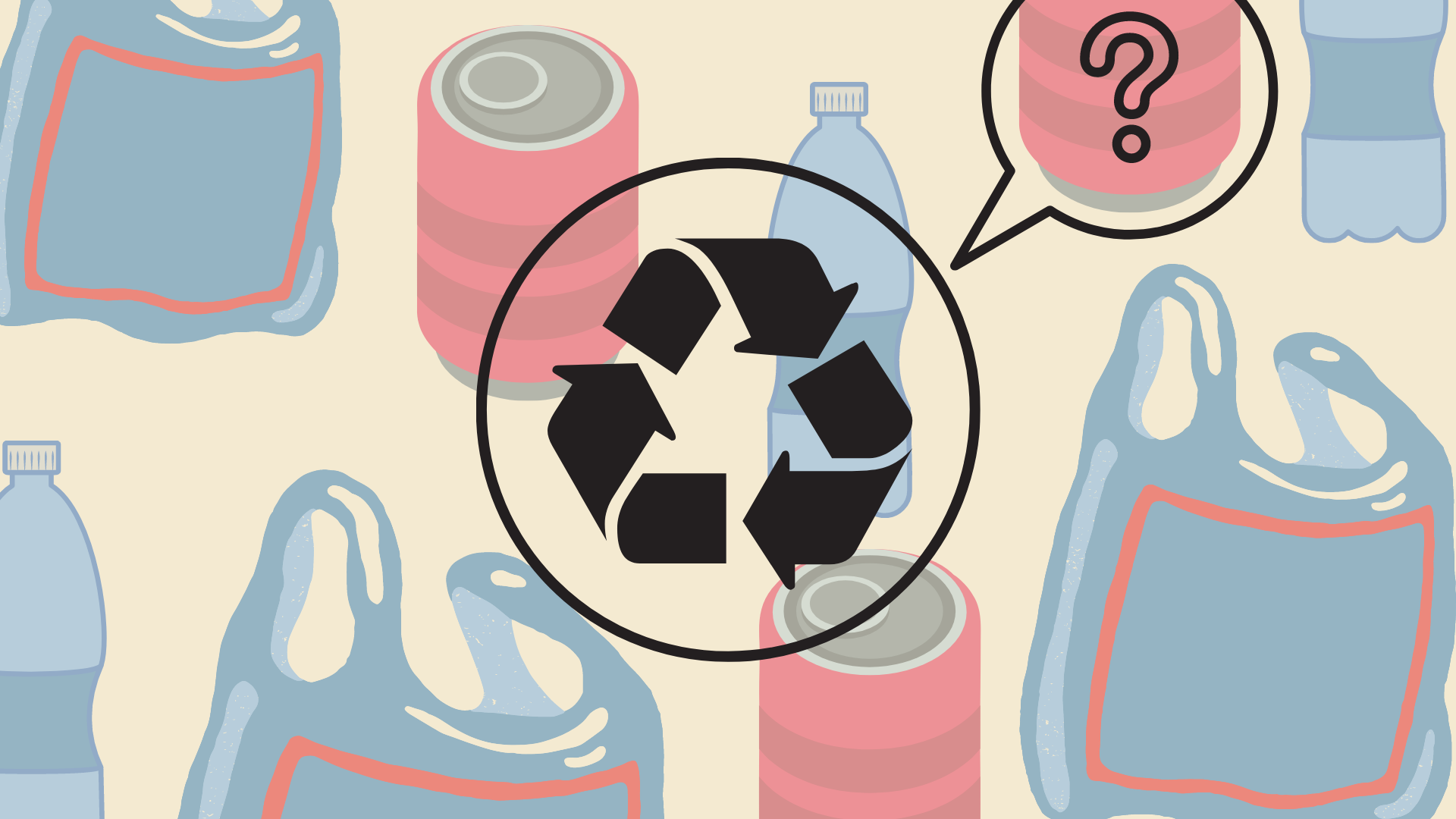 Pastel coloured graphic. Background of plastic bags and drinks cans foregrounded by recycling symbol.