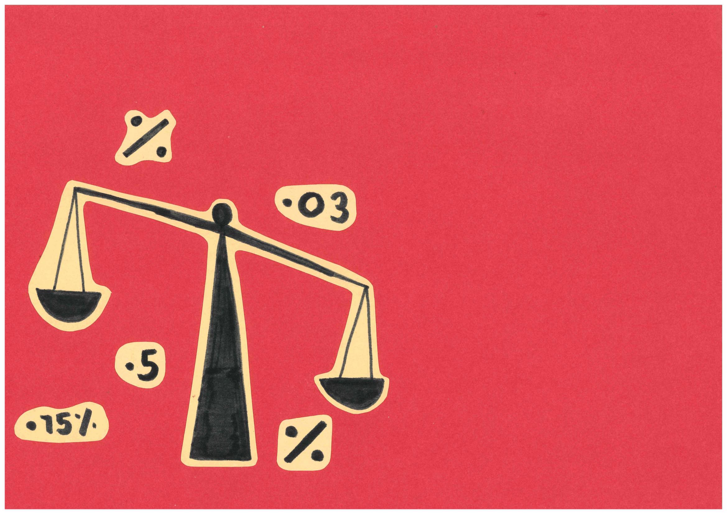 An illustration of a weighing scale is surrounded by statistics, against a red background.