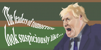 Art of Boris Johnson in the House of Commons with words coming out of his mouth which read 'The leaders of tomorrow look suspiciously like ...'