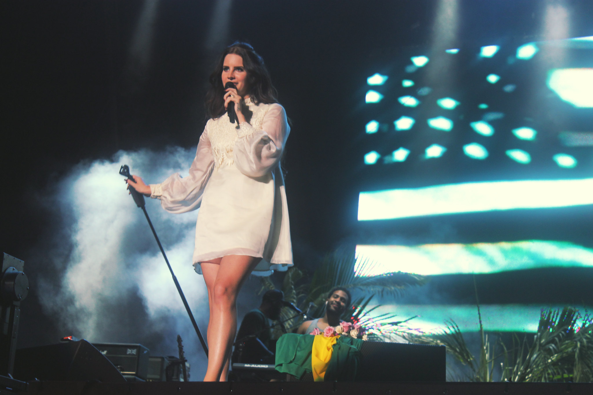 Lana Del Rey singing at a concert with the USA flag behind her.