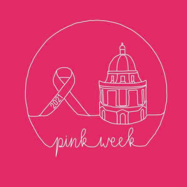 A breast cancer awareness ribbon and the Rad Cam are drawn in white with 'pink week' underneath on a hot pink background.