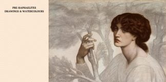 A chalk drawing of a women in a white dress holding a branch. A caption on the left states: PRE-RAPHAELITES DRAWINGS & WATERCOLOURS