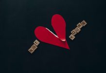 A ripped red paper heart on a dark blue background with the scrabble letters 'Not yours'.