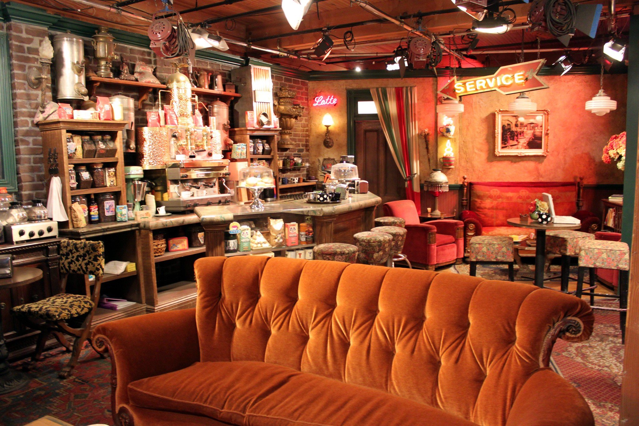 A photo of the famous sofa inside Central Perk coffee shop from the 'Friends' sitcom
