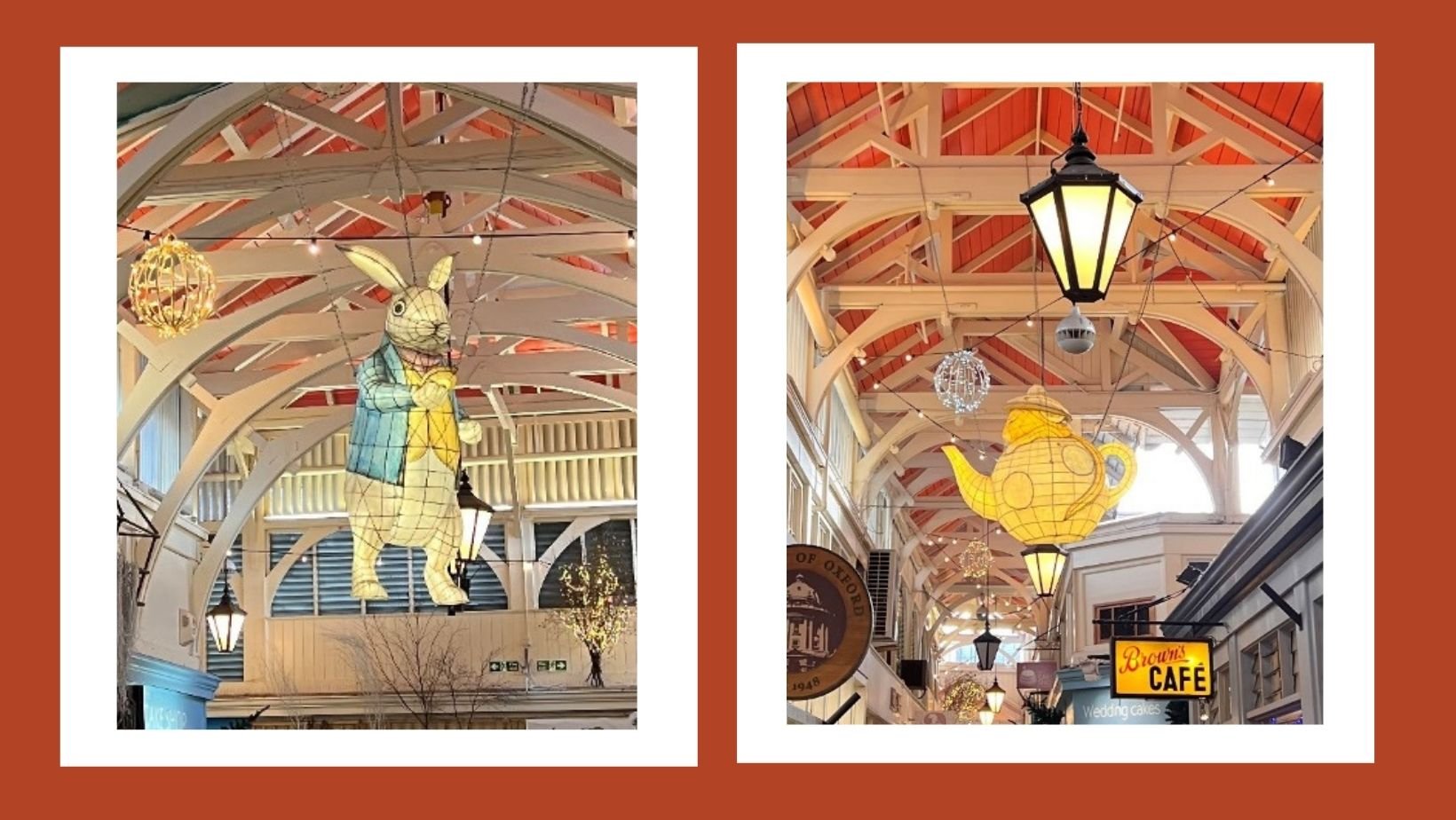 Two framed images of a rabbit and a teapot from Alice in Wonderland hanging in covered market.