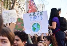 A young person holds a banner adorned with the words 'There Is No Planet B'.