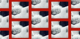 Black-and-white images of a baby on a red background