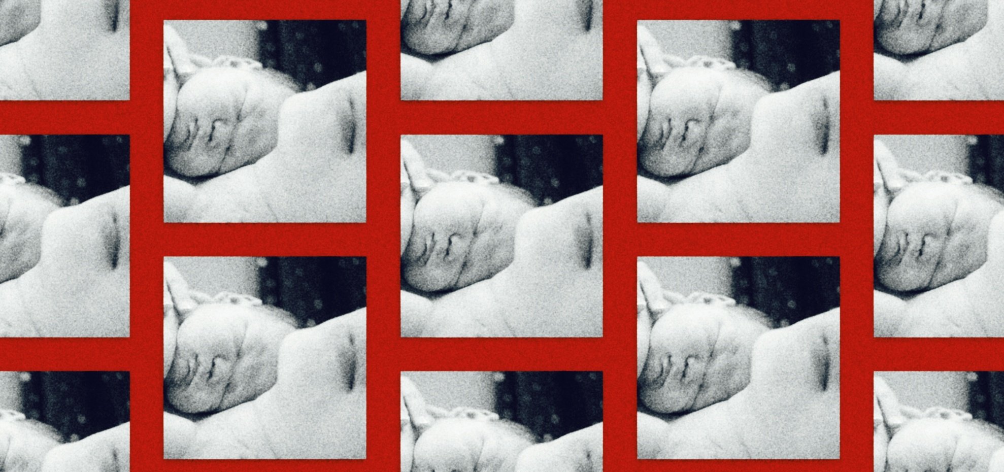 Black-and-white images of a baby on a red background