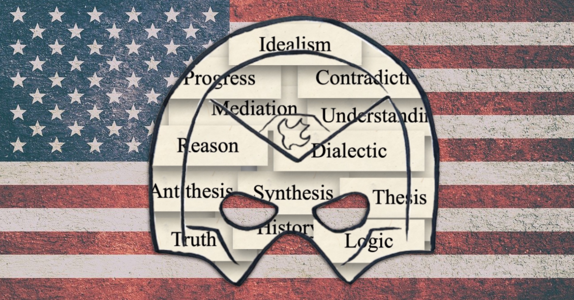 Image of the Peacemaker helmet logo on an American flag