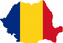 Outline of Romania overlaid with the colours of the Romanian flag.