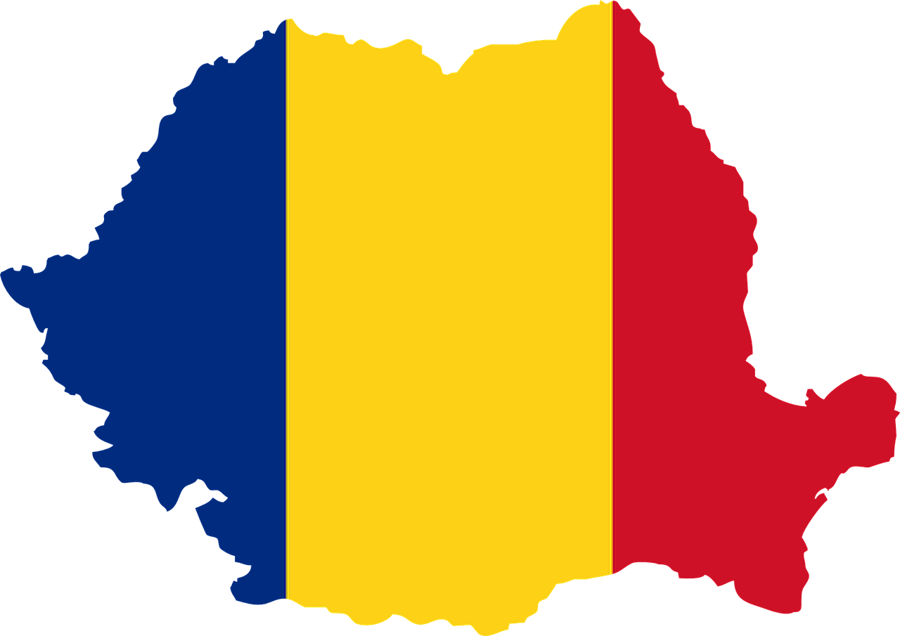Outline of Romania overlaid with the colours of the Romanian flag.