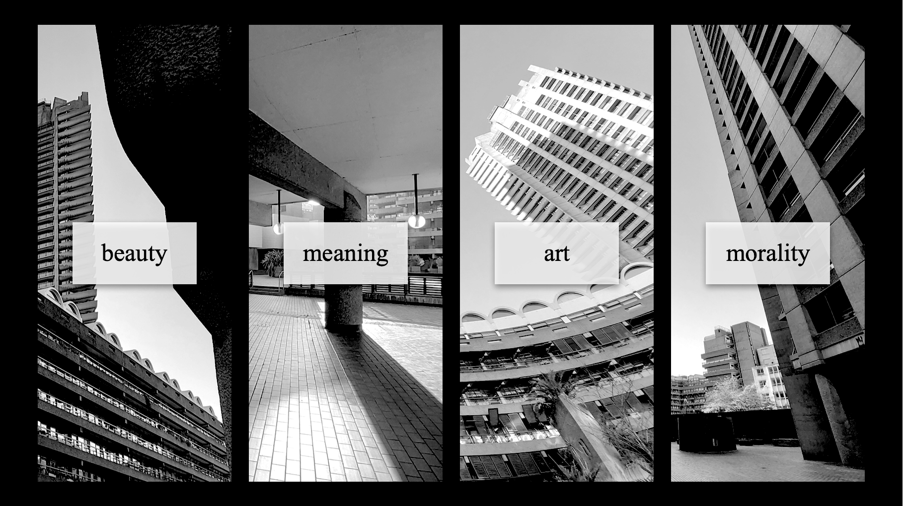 Four black-and-white images of the Barbican, with the text 