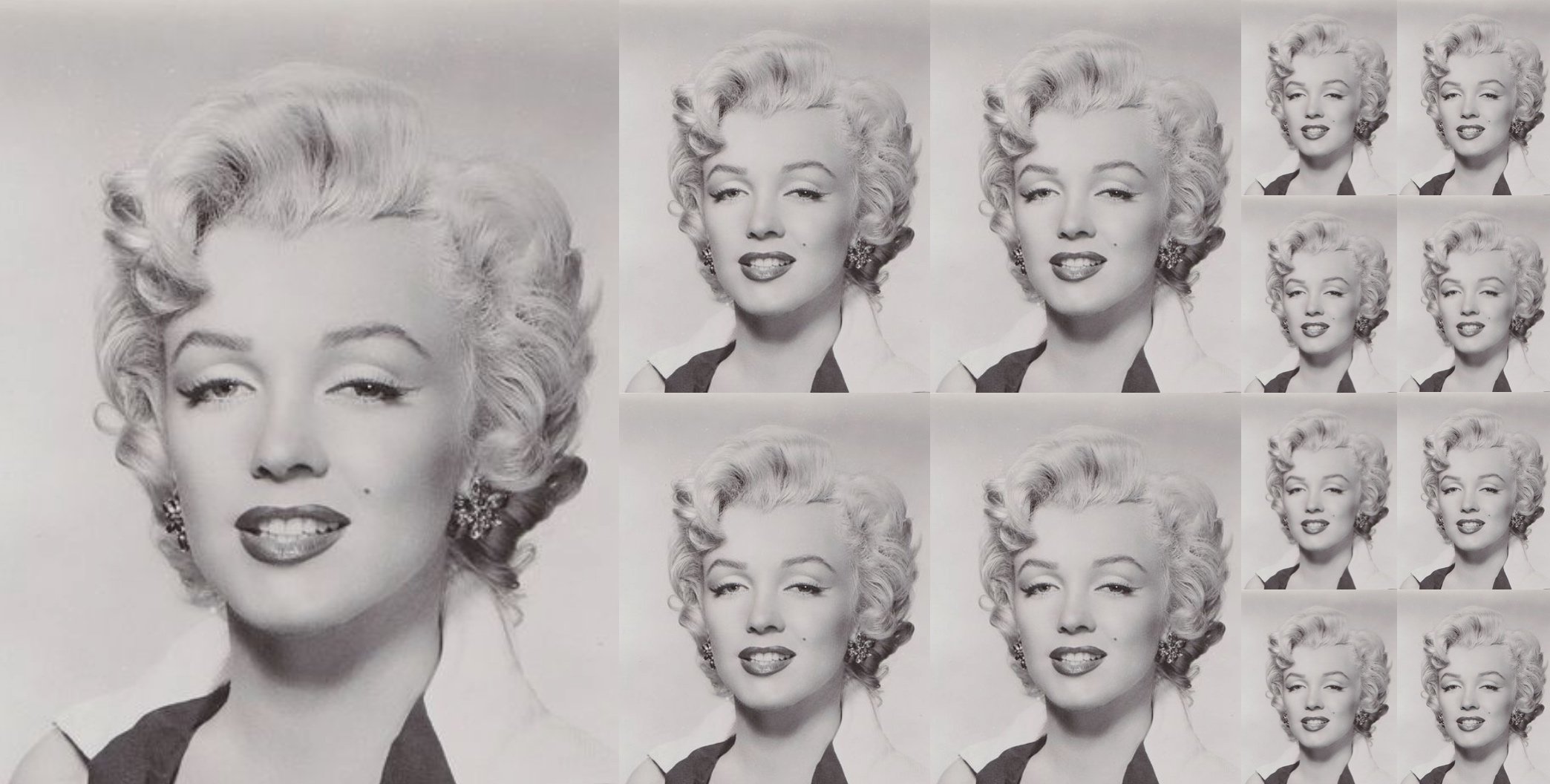 Collage of black and white photos of Marilyn Monroe
