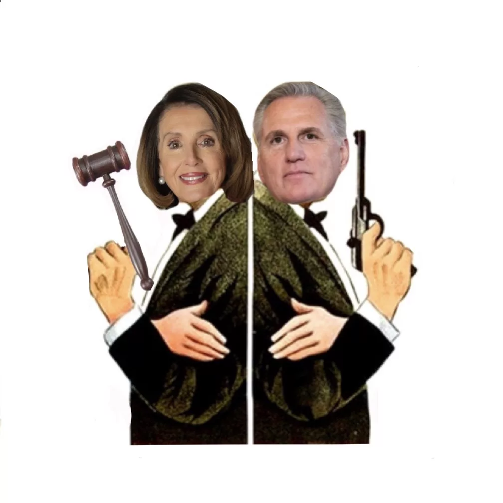Satirical cartoon of Kevin McCarthy who is holding a gun back to back with Nancy Pelosi who is holding a gavel.