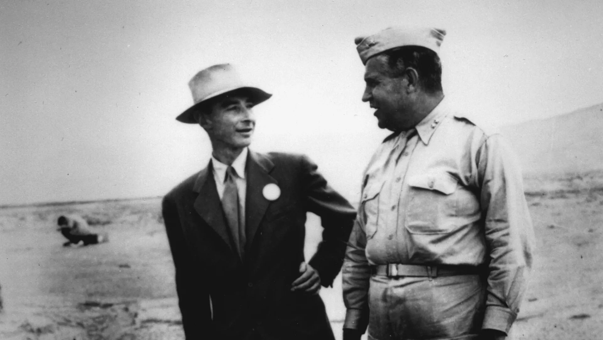Robbert Oppenheimer and General Leslie Groves at Ground Zero of the nuclear bomb test site.