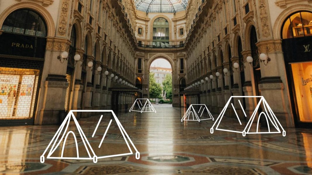 Illustration of tents in Milan's Piazza Duomo