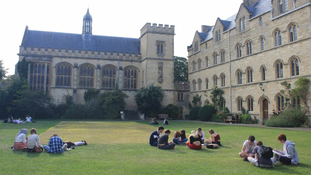 Oxford lawn with students