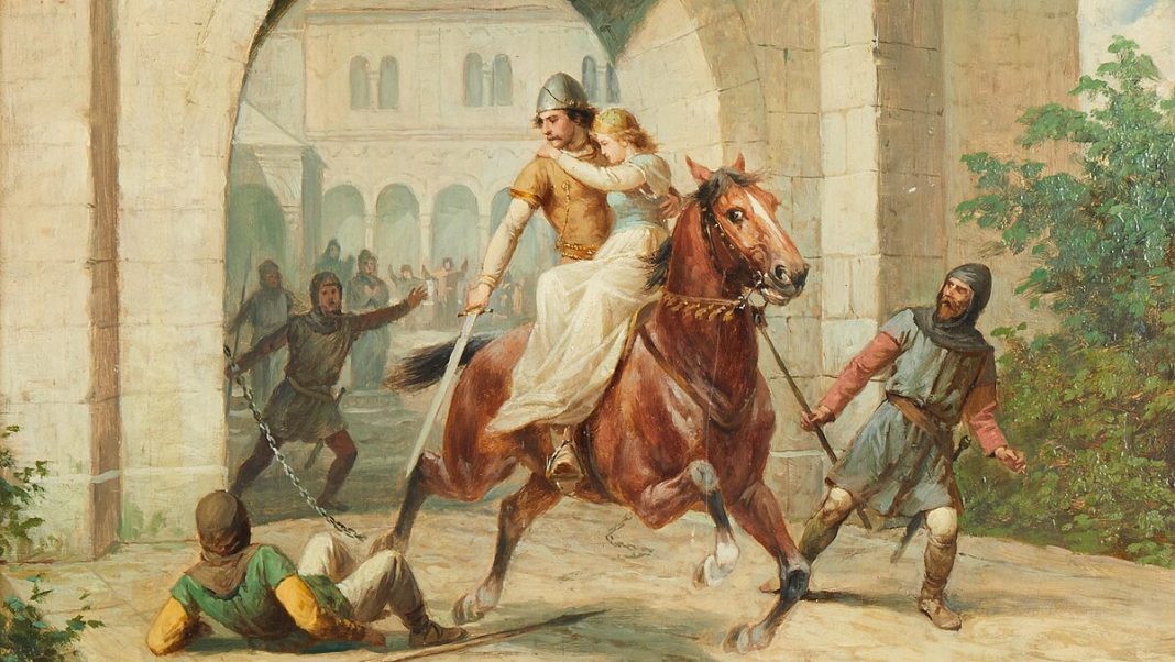 man on horse saving woman