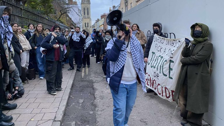 Protesters removed by security as dozens disrupt ex-Israeli PM’s Oxford Union appearance